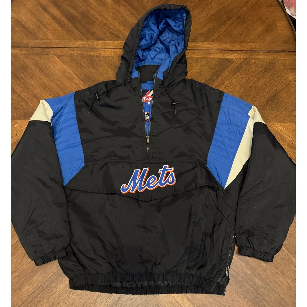 Majestic New York Mets MLB Quarter Zip Pullover Hooded Jacket Mens L Black Blue